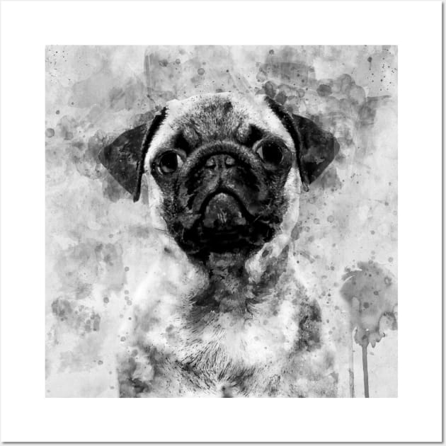 Pug Dog Watercolor Portrait black and white 01 Wall Art by SPJE Illustration Photography